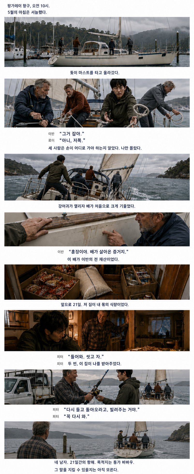 1화 출항 웹툰 — 팡가레이 마리나 출항부터 피터가 떠나는 배를 바라보기까지 여덟 컷