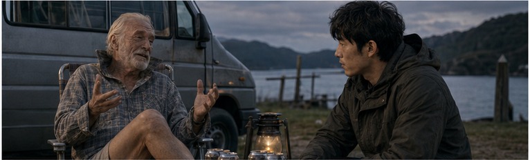 담배를 문 채 청년을 위아래로 훑어 재는 선장의 눈