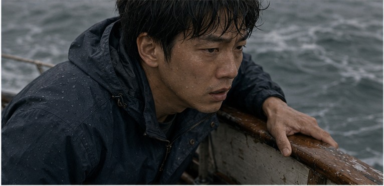 선실 안에서 제멋대로 기우는 물컵과 기우는 벽