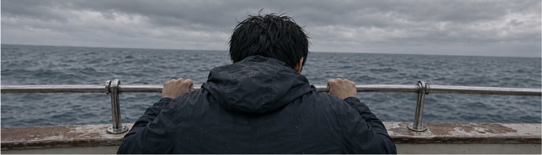 난간 하나만 붙든 채 서 있는 청년, 배는 4노트로 나아간다
