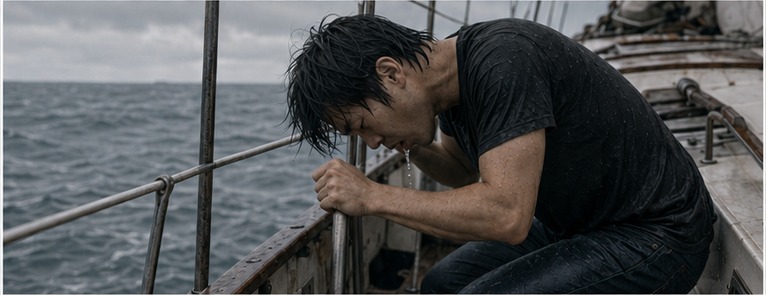 뱃전 난간을 붙잡고 토하는 민우