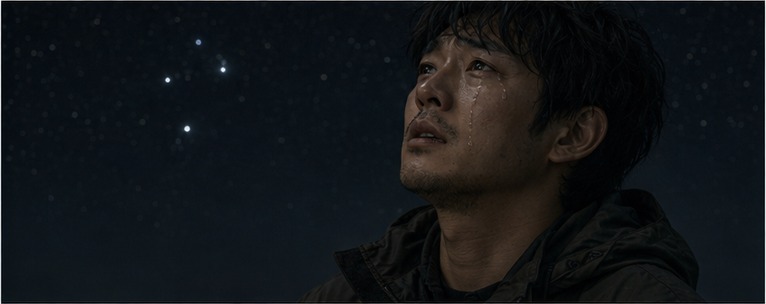 노래를 부르다 눈물이 흐르는 민우의 얼굴 클로즈업, 번지는 별빛