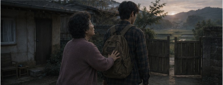 적은 돈을 쥐여준 뒤 떠나는 아들의 손을 놓지 못하는 어머니