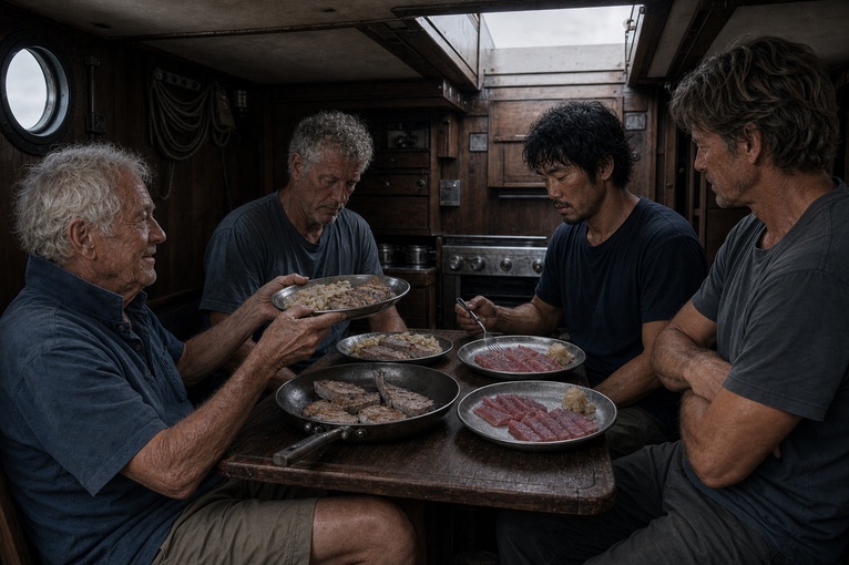 한 식탁의 두 진영 — 회 접시와 프라이팬, 접시를 들어 보이는 애드먼드와 무표정한 이반
