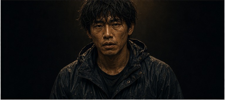 상자에서 가장 멀리, 뱃머리 쪽에 선 청년의 정면 클로즈업