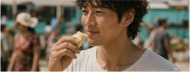 돗자리 위에 과일을 펼쳐놓은 시장과 줄기째 산 바나나 한 다발