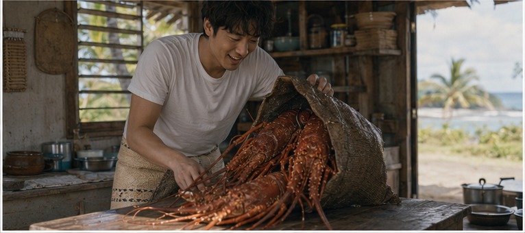 주방 작업대에서 상자 속 랍스터를 꺼내는 민우