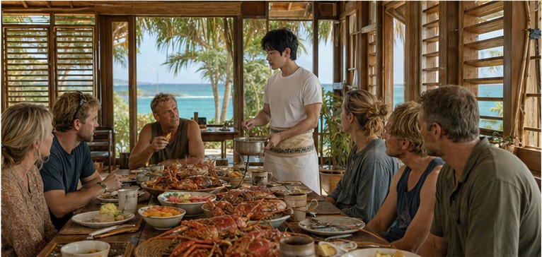 투페누 앞치마 차림으로 냄비를 나르는 민우와 사람들이 둘러앉은 아침 식탁